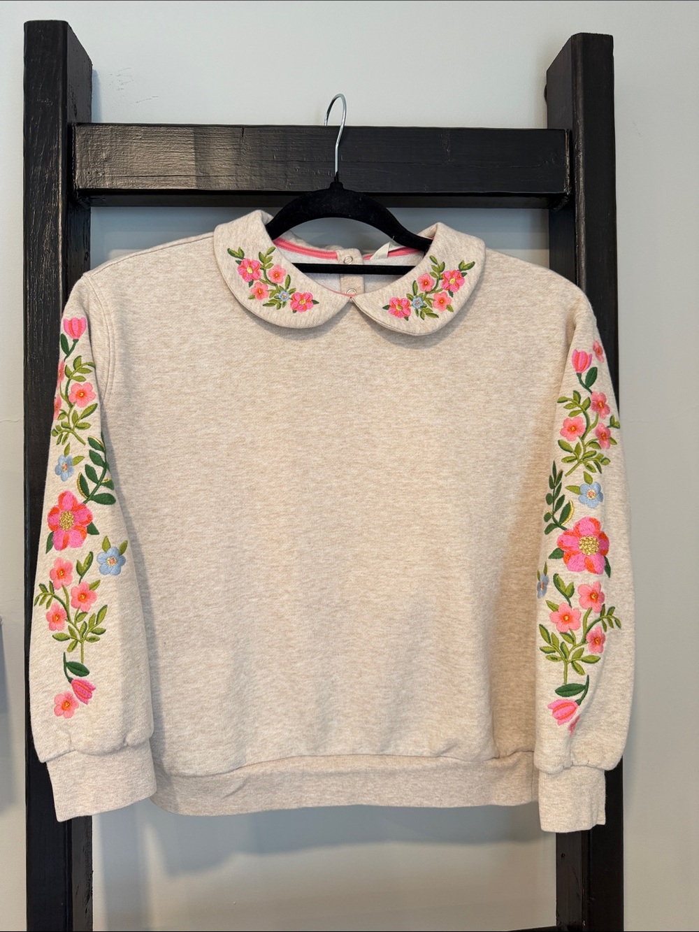 Boden Cream Sweatshirt with Pink & Green Floral Embroidery size 8-9